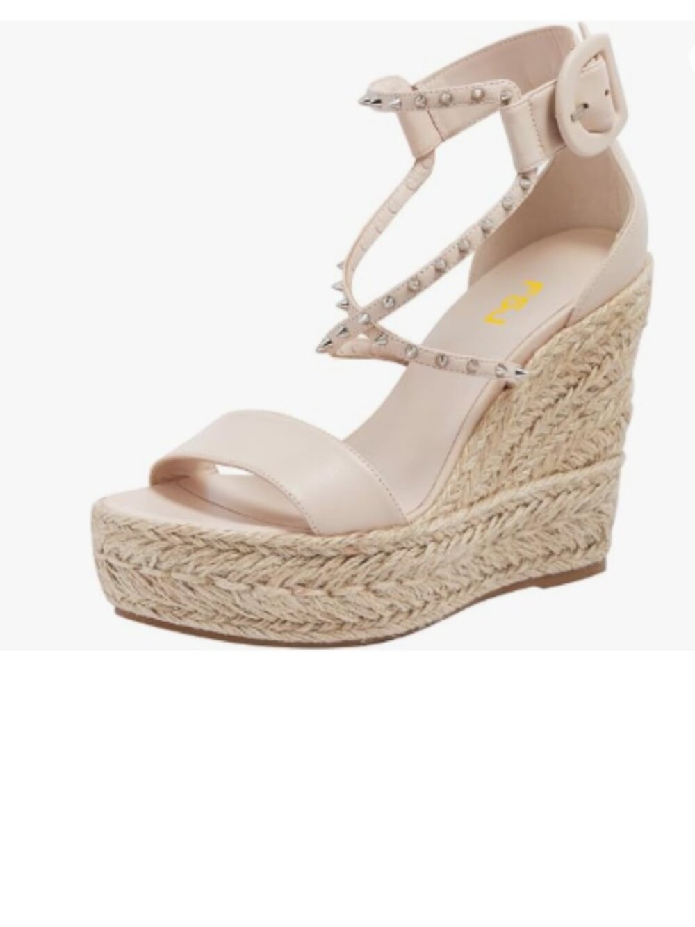 FSJ Beige Open Toe Espadrilles Wedge Sandal Rivet Buckle Ankle Strap Summer Shoe